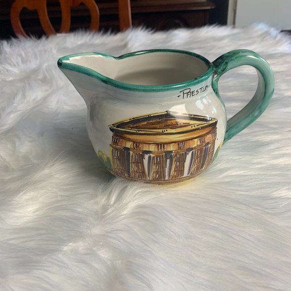 Hand Crafted Pottery Pitcher Green Yellow Floral Design and Structured Building - Picture 3 of 7